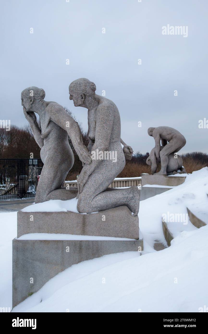 Sculptures by Gustav Vigeland at the Vigeland Installation in Frogner Park, Oslo, Norway. Two elderly sisters Stock Photo