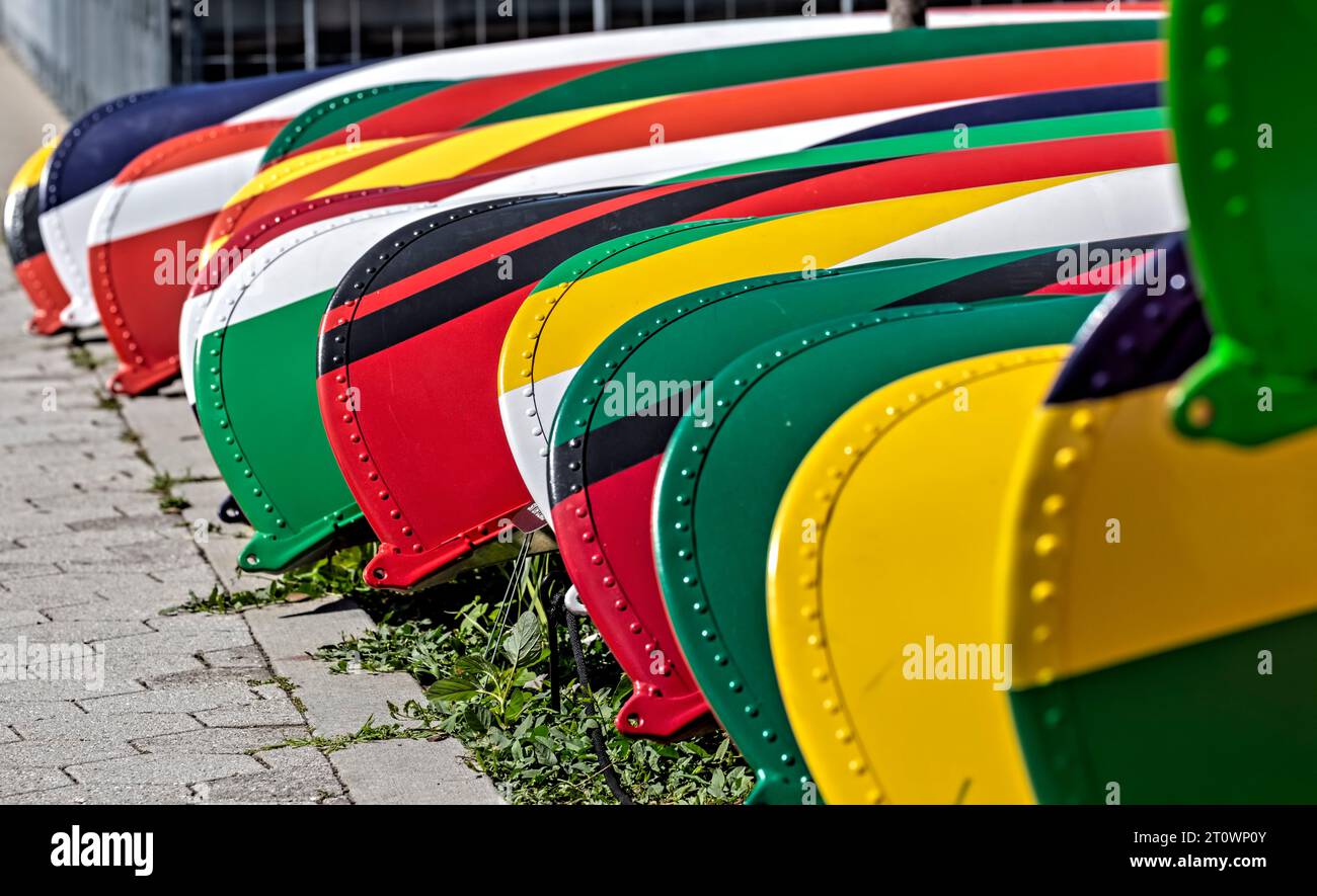 Rental canoes lie in wait at the Gantry Plaza State Park Recreational Dock, at Long Island City’s East River shore. Stock Photo