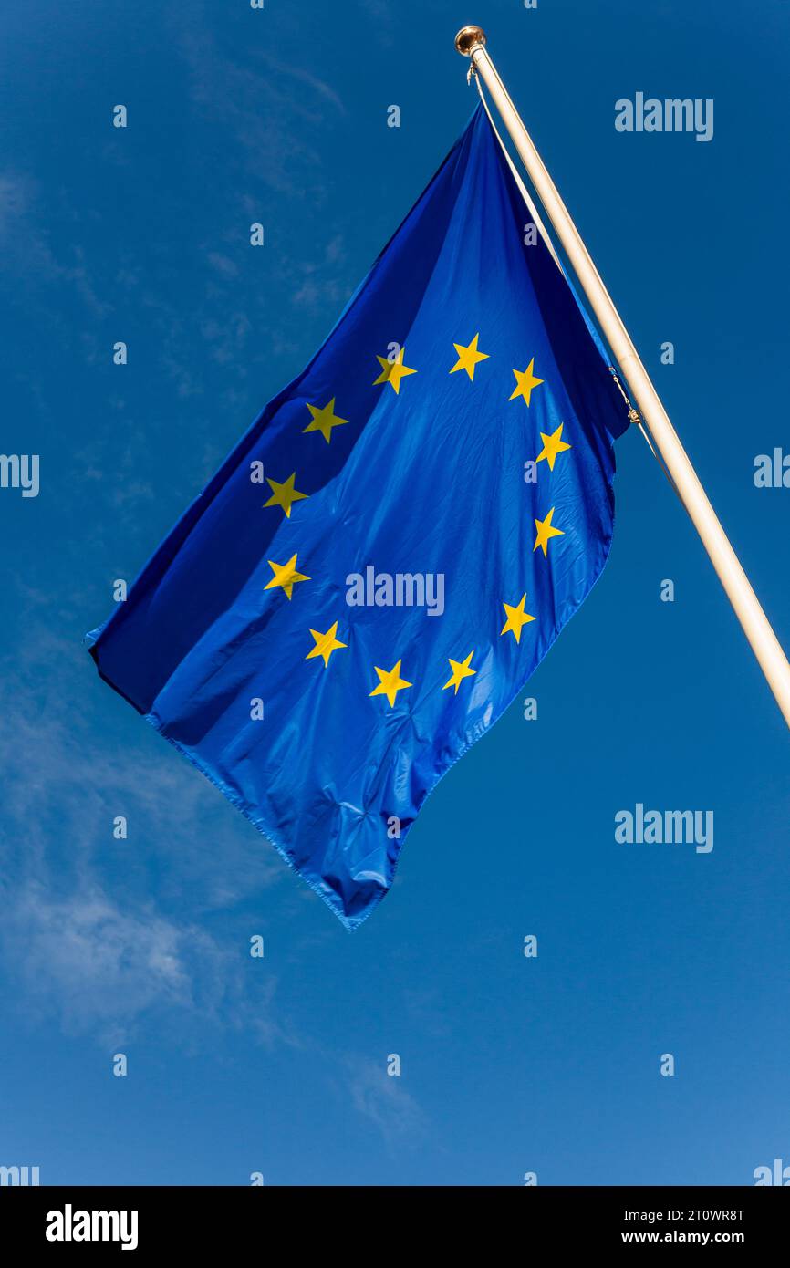 The European Flag on a flag pole against a blue sky Stock Photo - Alamy