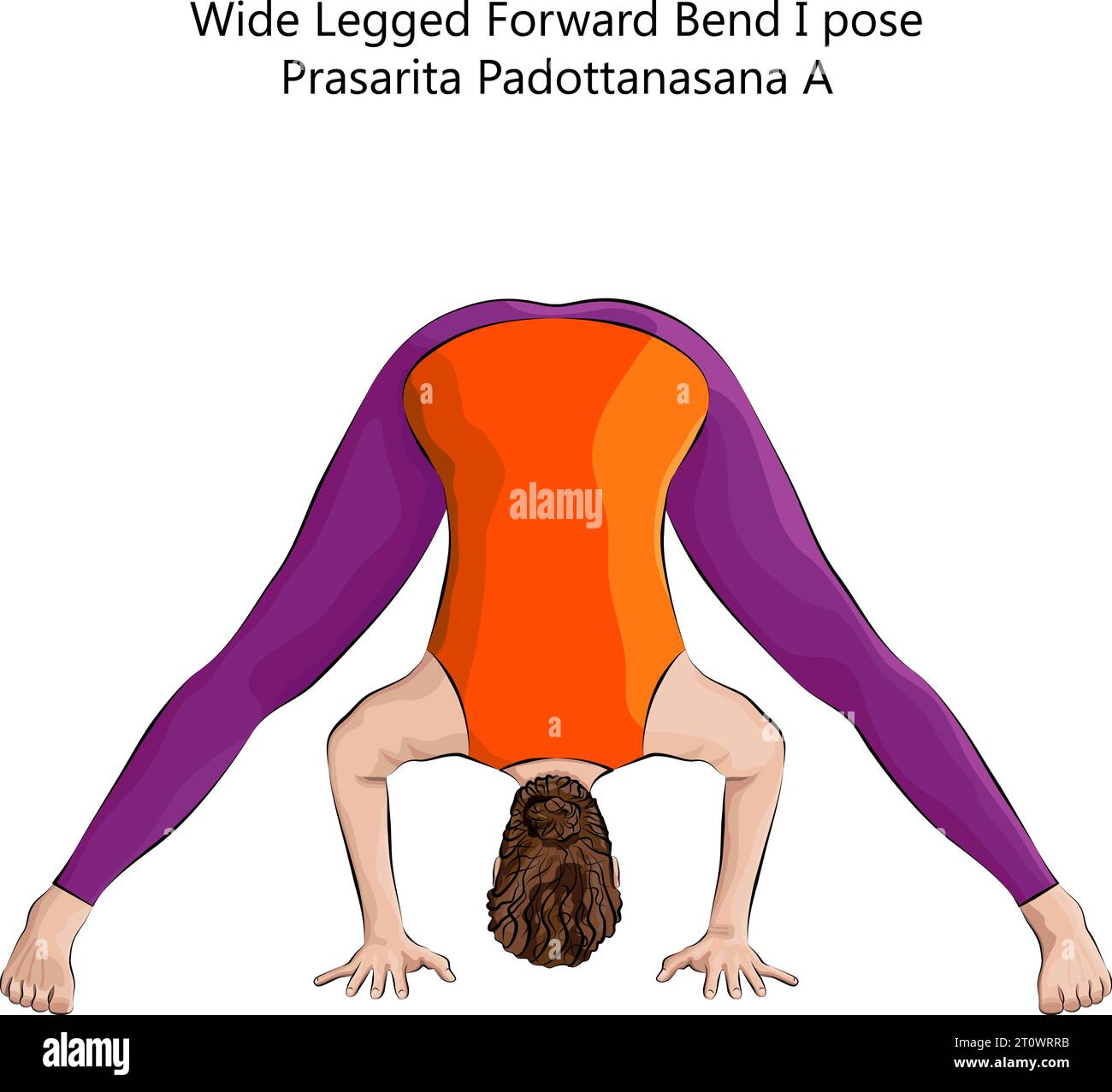 Young woman doing yoga Prasarita Padottanasana A. Wide Legged Forward Bend pose. Intermediate Difficulty. Isolated vector illustration. Stock Vector