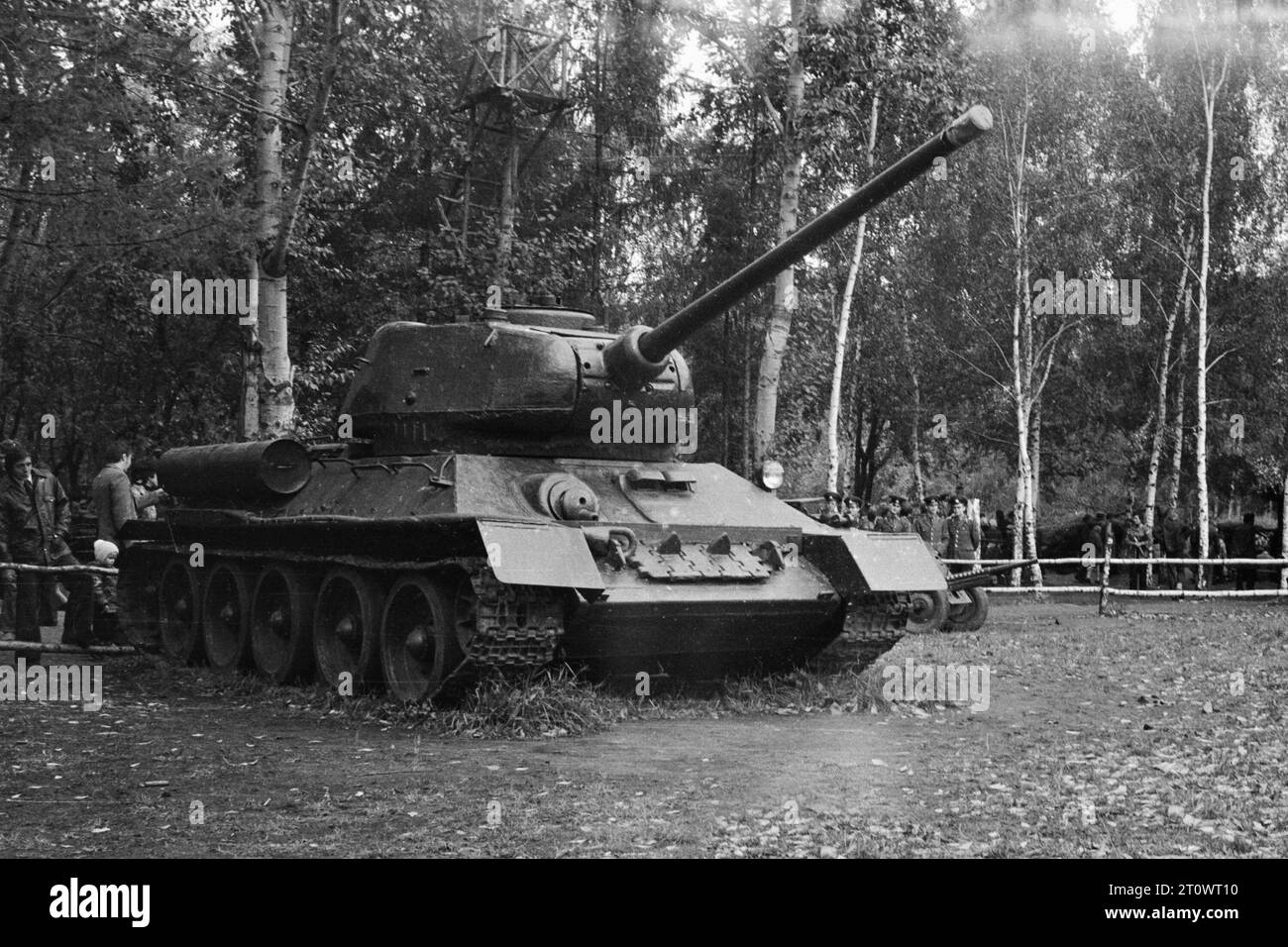 Moscow, USSR - September, 1979: T-34 Soviet tank from WWII in '60 years of Soviet cinema' exhibition in VDNKh. Black and white 35mm film scan Stock Photo