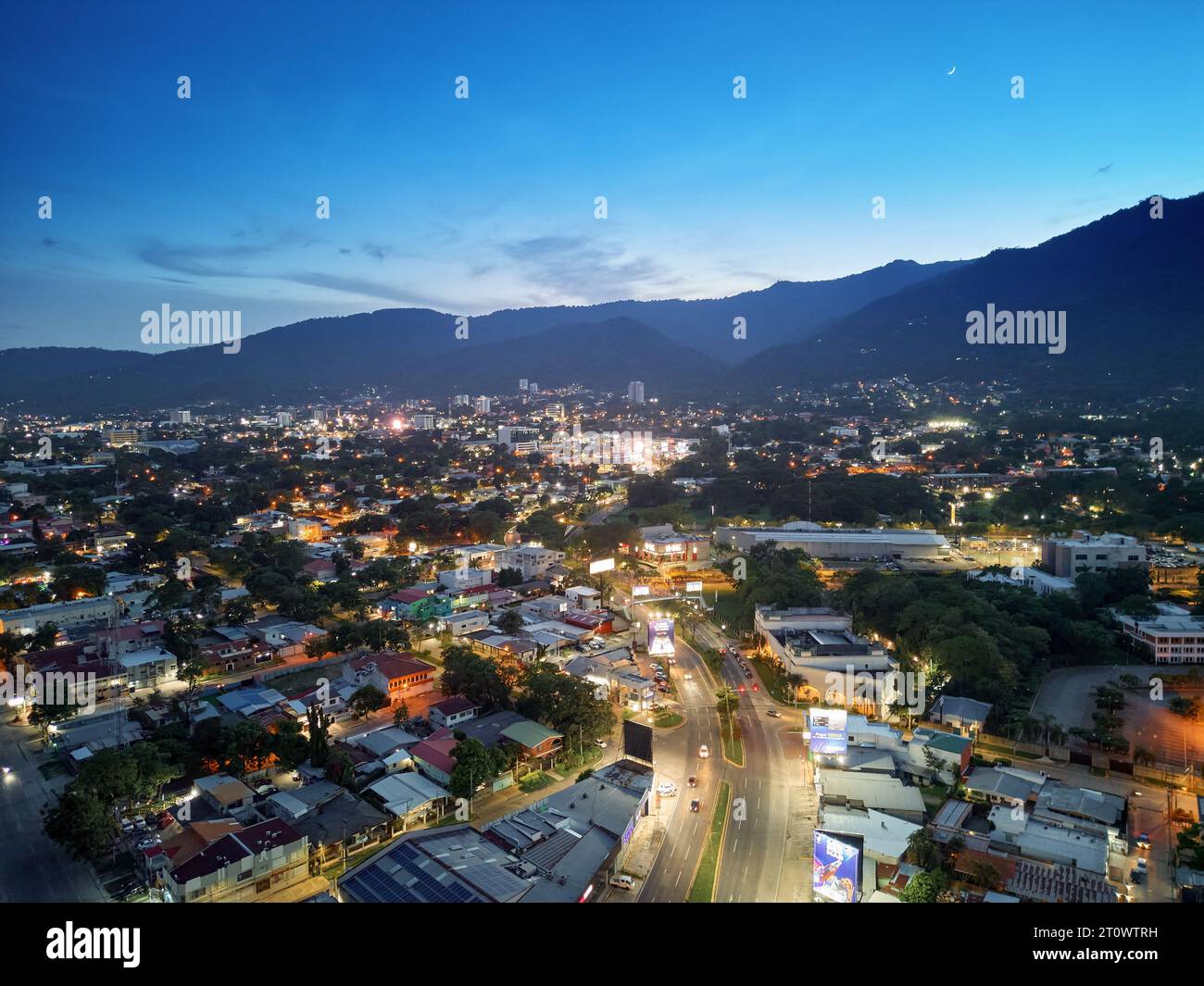 aerial photography in the city of san pedro sula with drone at night over the north exit boulevard Stock Photo