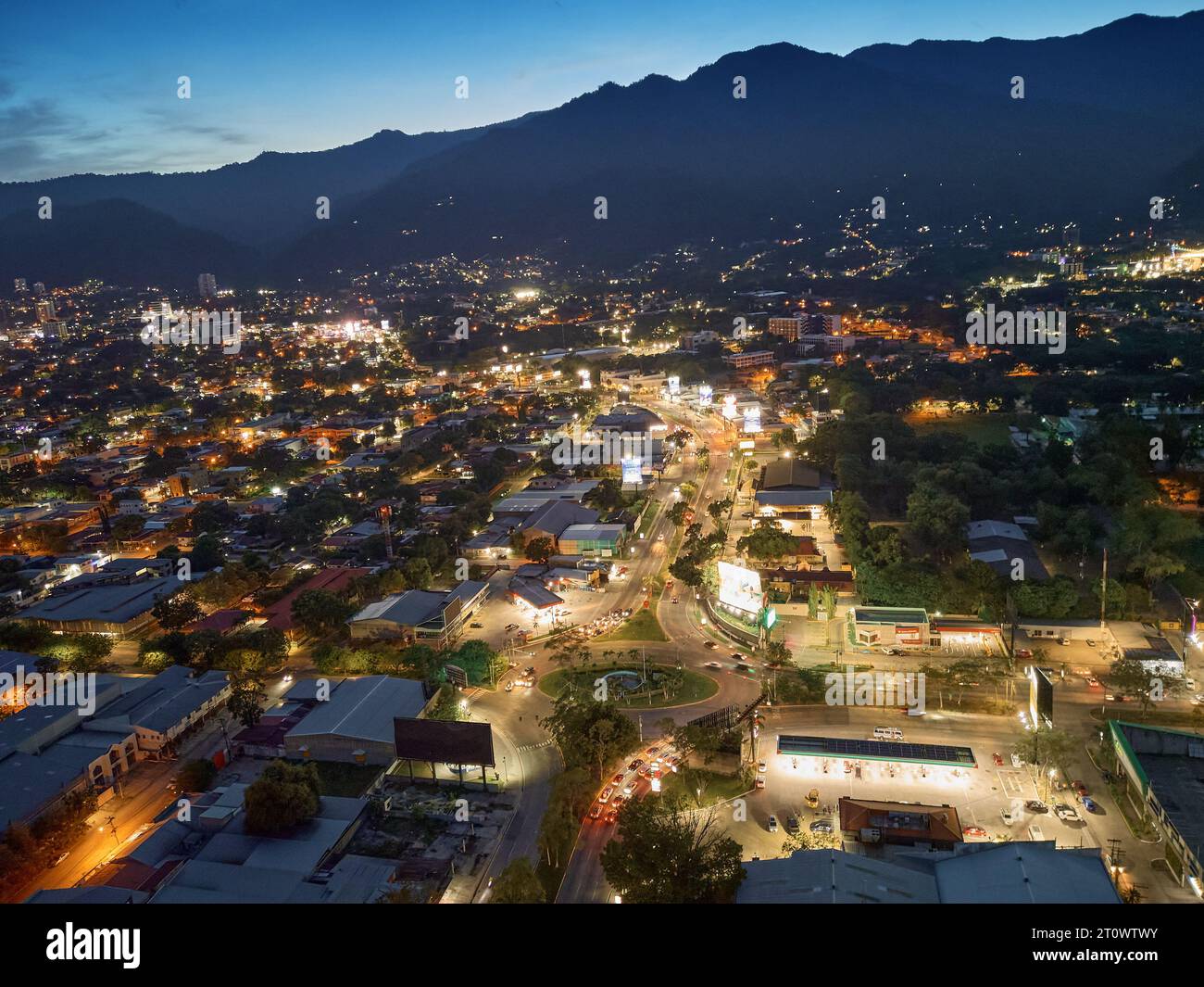 aerial photography in the city of san pedro sula with drone at night over the north exit boulevard, Honduras Stock Photo