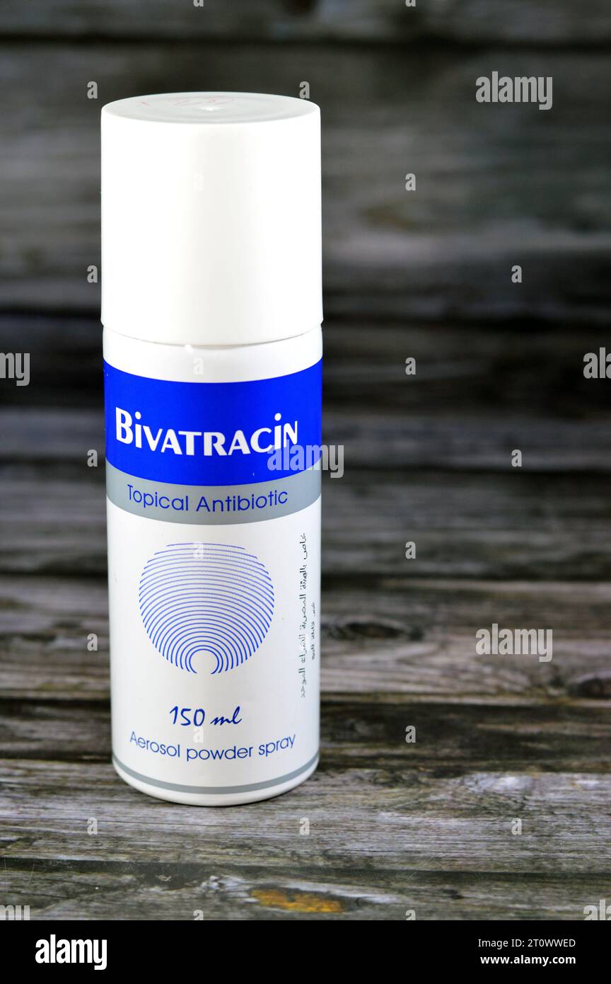 Cairo, Egypt, September 28 2023: Bivatracin (Neomycin, Bacitracin) Aerosol powder Spray 150 ml topical antibiotic, for wound, postoperative infections Stock Photo