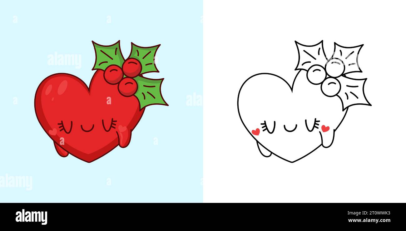 Cute Christmas Heart Illustration and For Coloring Page. Cartoon ...