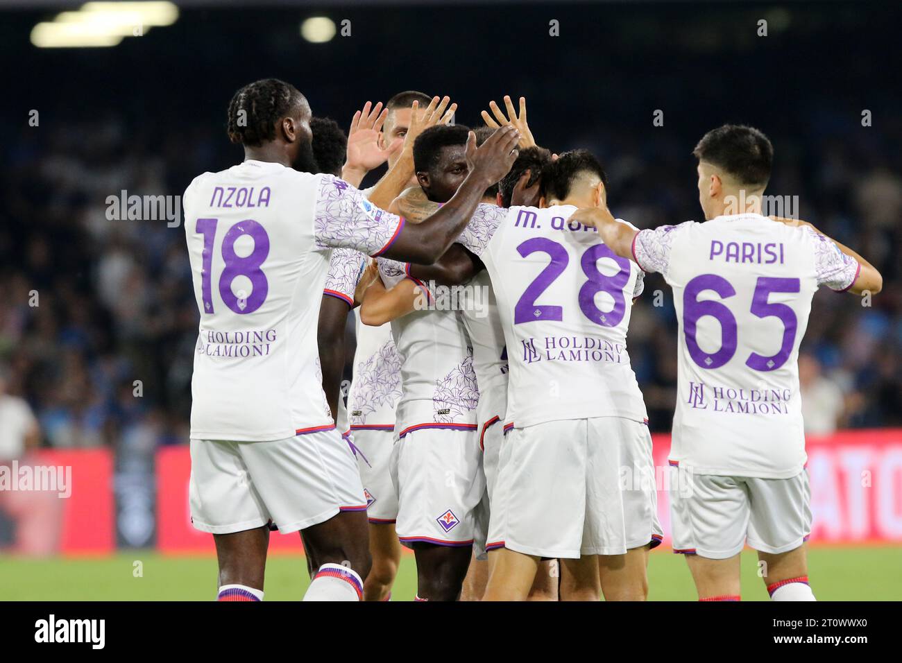 Josip Brekalo of Acf Fiorentina celebrates with his team mate after scoring a goal during the  Serie A match beetween Ssc Napoli and Acf Fiorentina at Stadio Maradona on October 08, 2023 in Napoli, Italy . Stock Photo