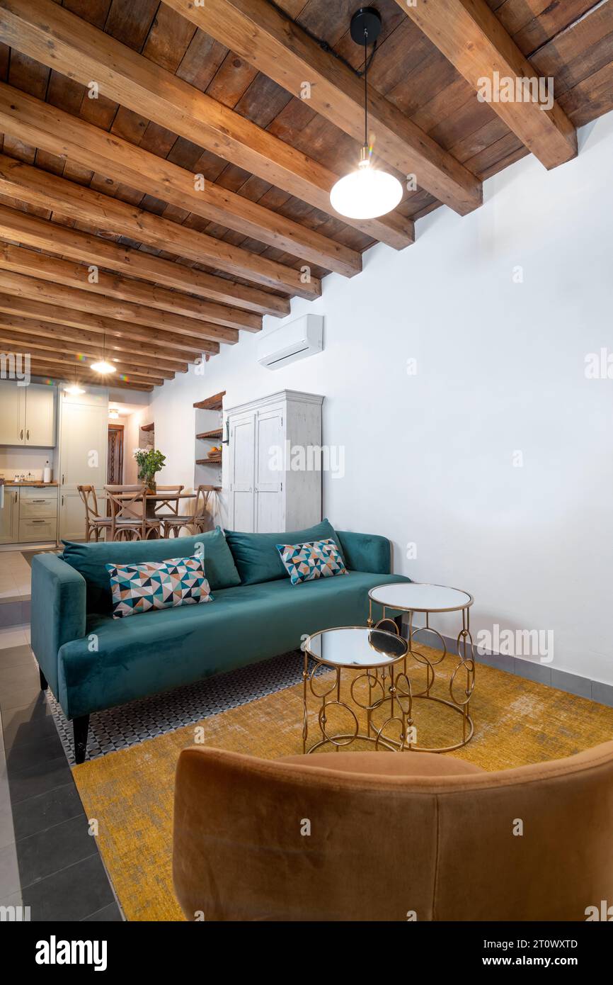 Bright kitchen and living room interior in contemporary rustic apartment Stock Photo