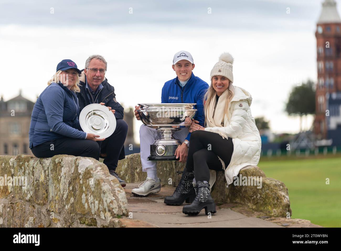 St Andrews, Scotland. 9th Oct 2023. Mum and Dan, Susan and Russel Fitzpatrick with Matt and Matt's fiancée Katherine Gaal with the trophy, on the Swilken Brdige of the Old Course. Credit: Tim Gray/Alamy Live News Stock Photo