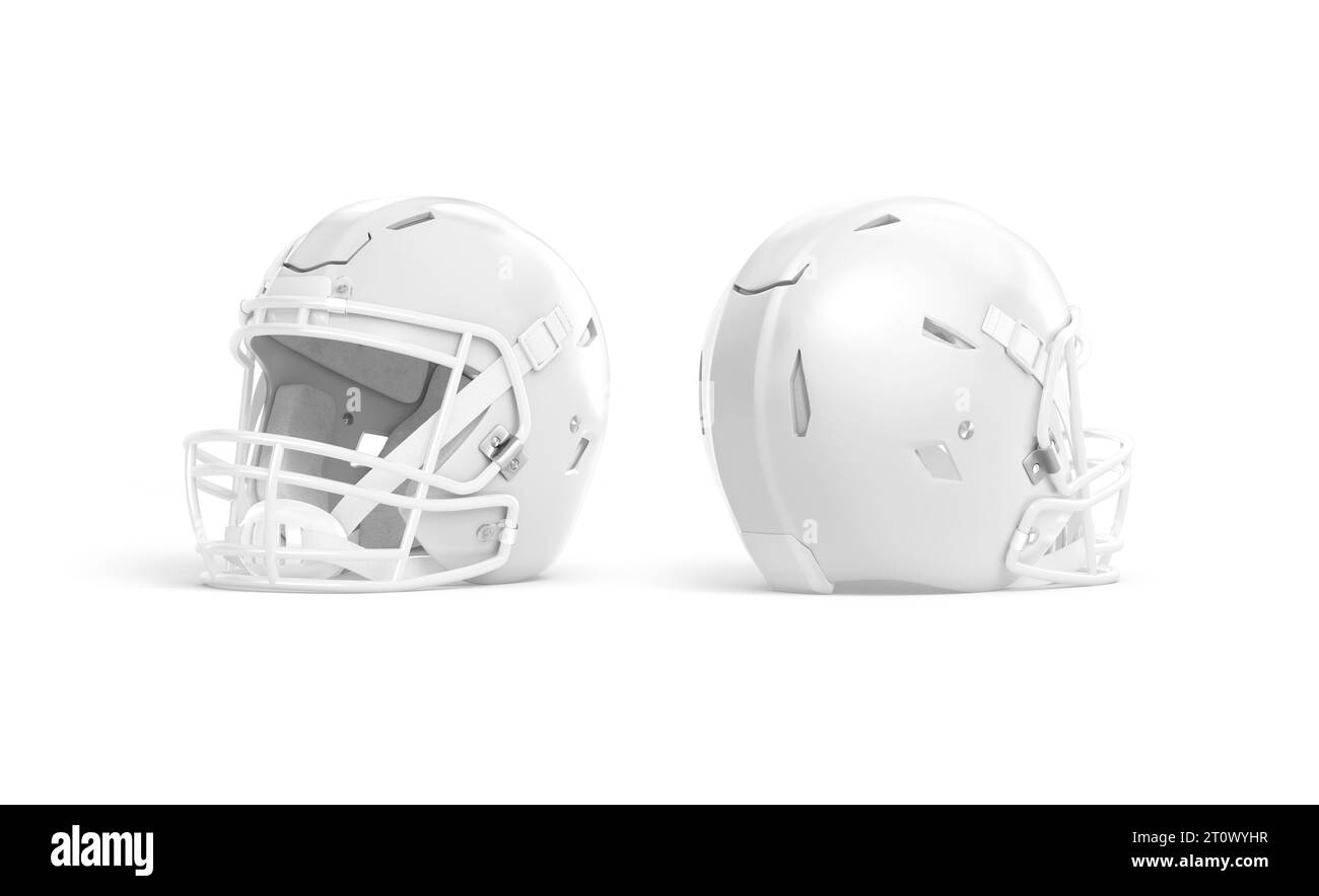 Blank white american football helmet mockup, side view, front back, 3d rendering. Empty full face protective casque mock up, isolated. Clear soccer or Stock Photo