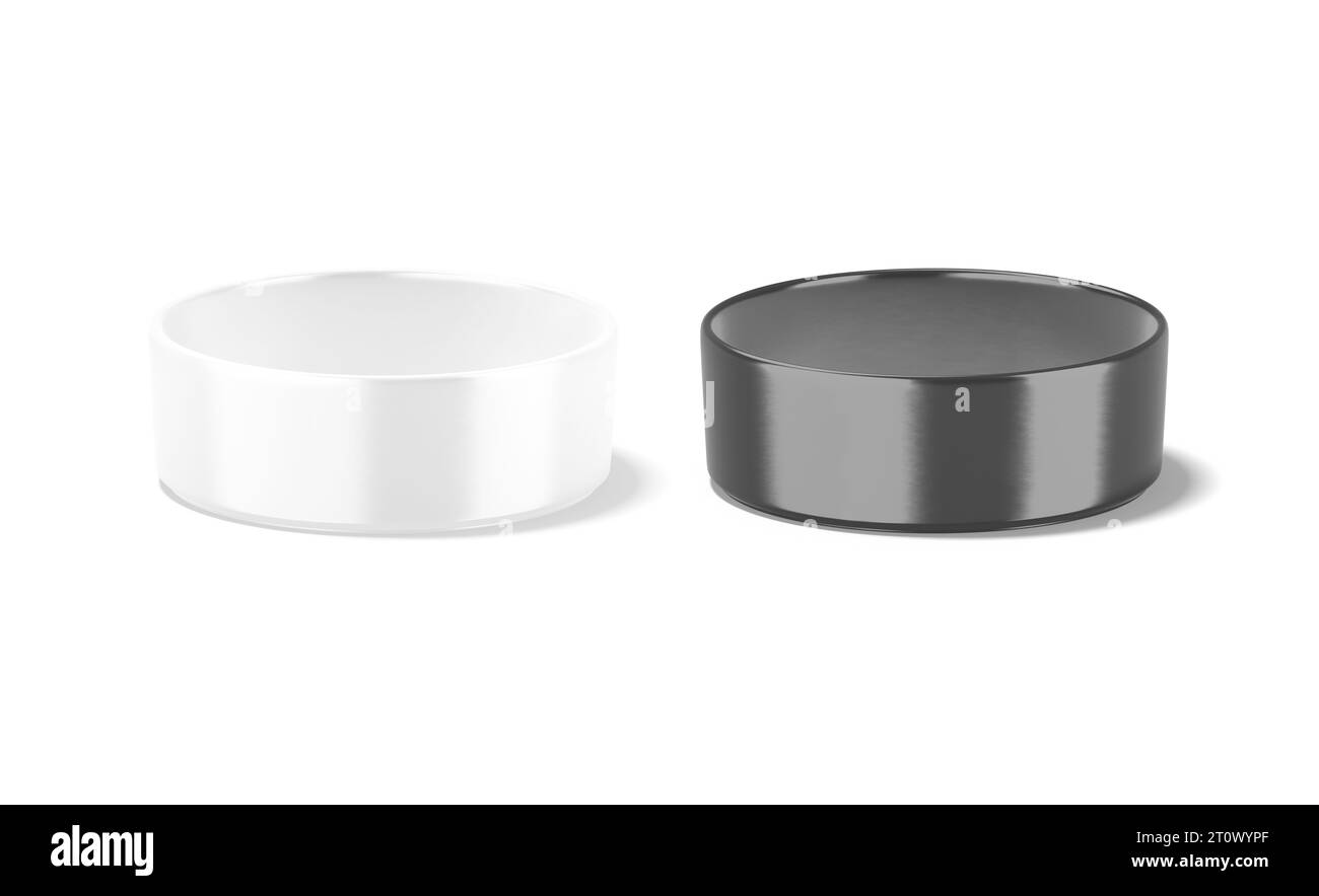 Blank black and white ceramic dog bowl mockup, side view, 3d rendering