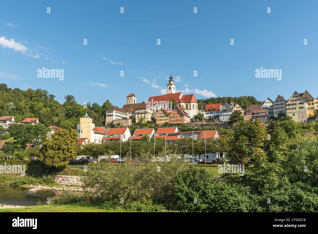 View of old town of Horb am Neckar with Dominican Monastery, Heilig Kreuz collegiate church and Schurkenturm, Germany Stock Photo