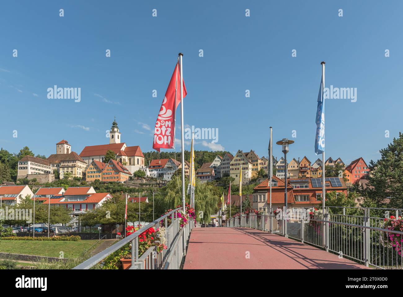 Old town of Horb am Neckar with Dominican Monastery, Heilig Kreuz collegiate church and Schurkenturm, view from Floessersteg Stock Photo