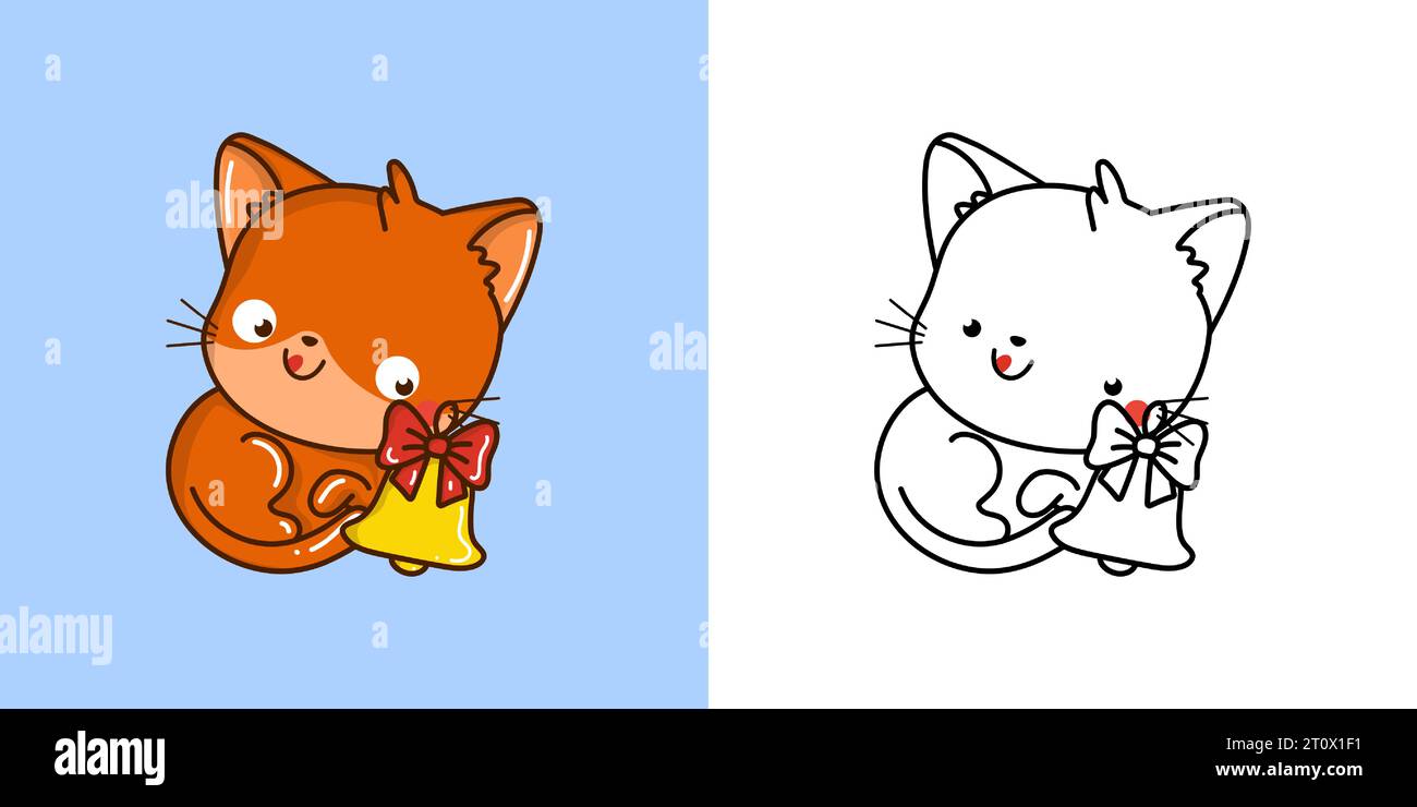 Kawaii New Year Red Cat Clipart Multicolored and Black and White. Cute ...