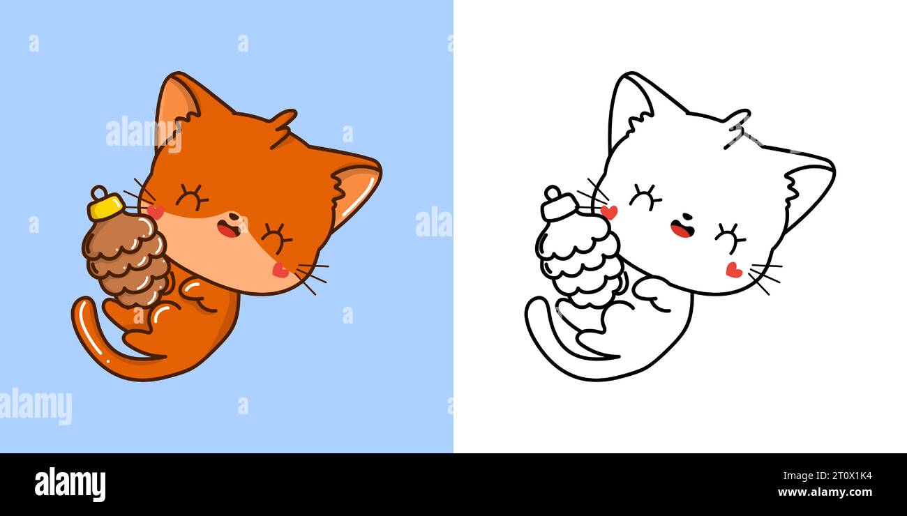 Set Clipart Christmas Red Cat Coloring Page and Colored Illustration ...