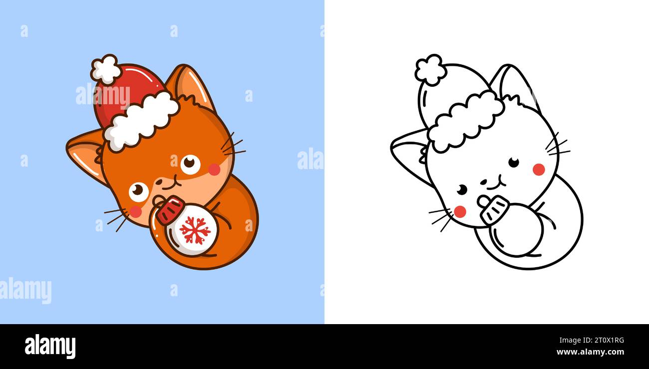 Kawaii New Year Red Cat Clipart Multicolored and Black and White. Cute ...