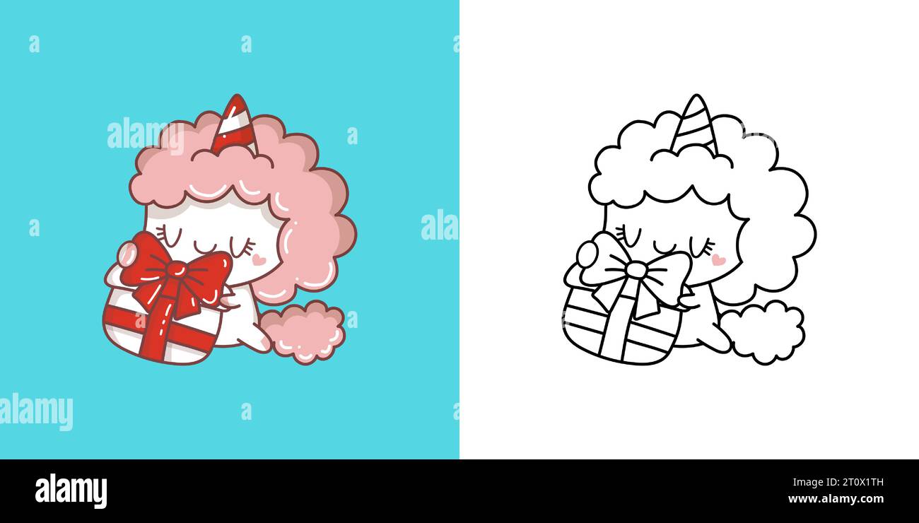 Kawaii New Year Unicorn Clipart Multicolored and Black and White ...