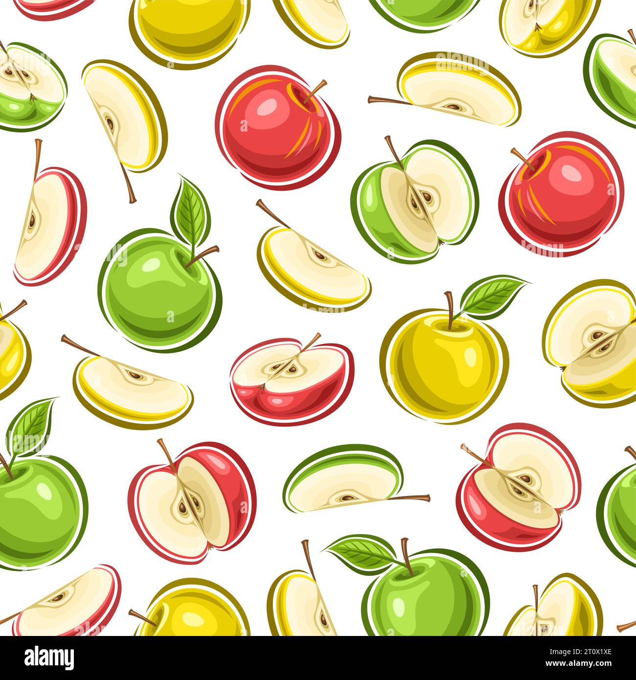 Vector Colorful Apple seamless pattern, square repeat background with cut out illustrations of ripe chopped apples with green leaves for wrapping pape Stock Vector