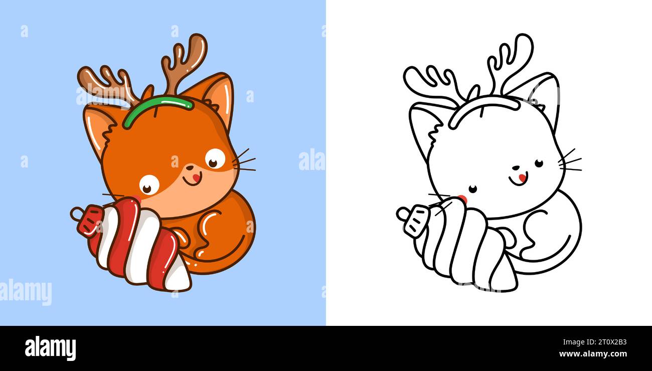 Cute Christmas Red Cat Clipart Illustration and Black and White. Funny ...