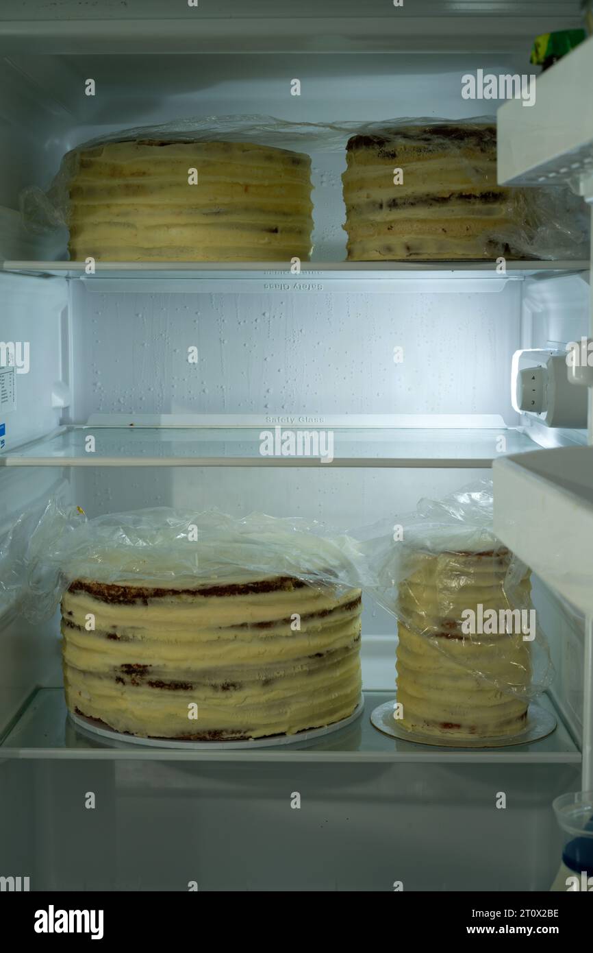 A n undecorated wedding cake in a fridge. 4 layers or tiers ready to be assembled. Stock Photo