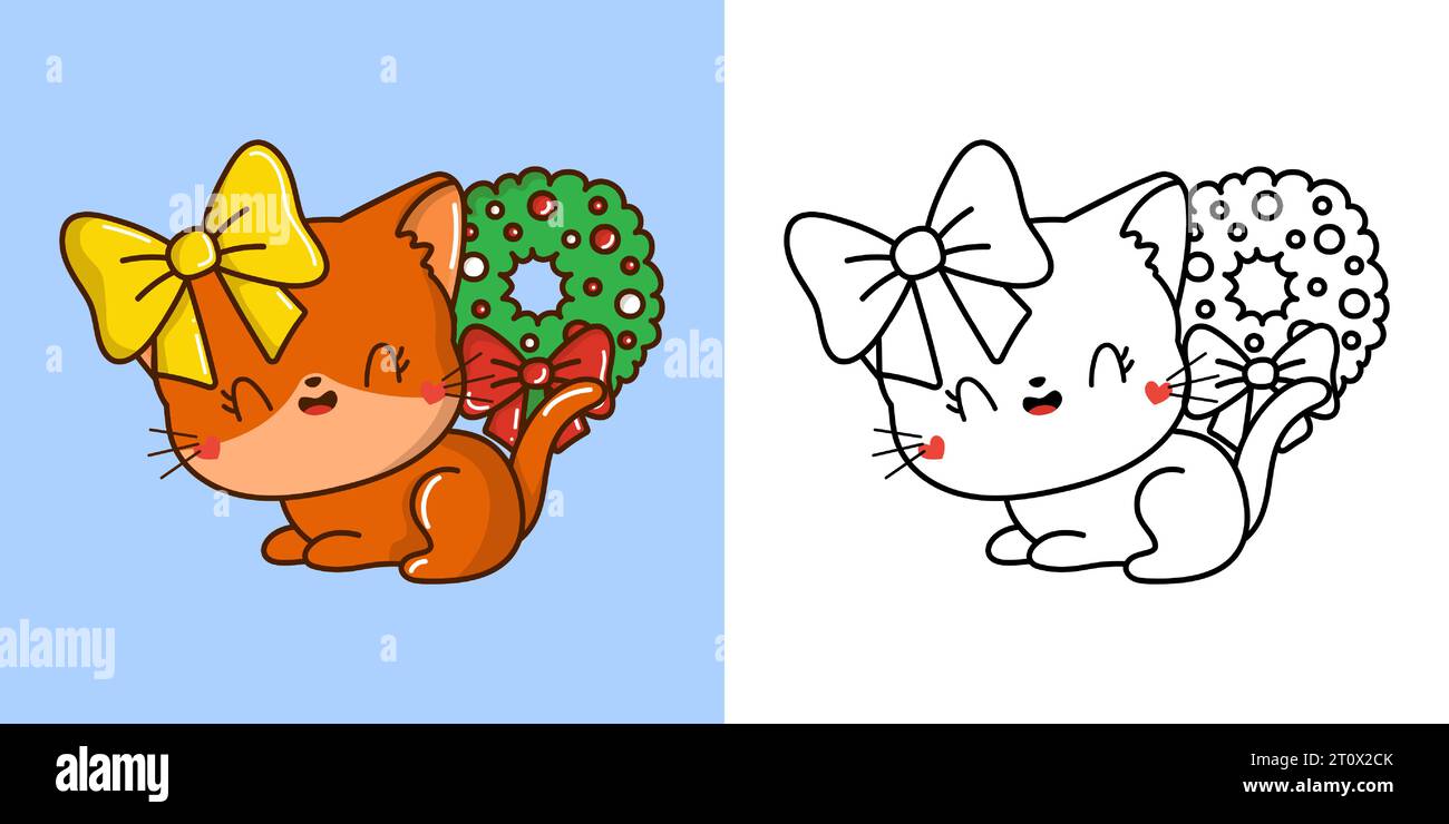Kawaii Xmas Red Cat Multicolored and Black and White. Beautiful Clip ...
