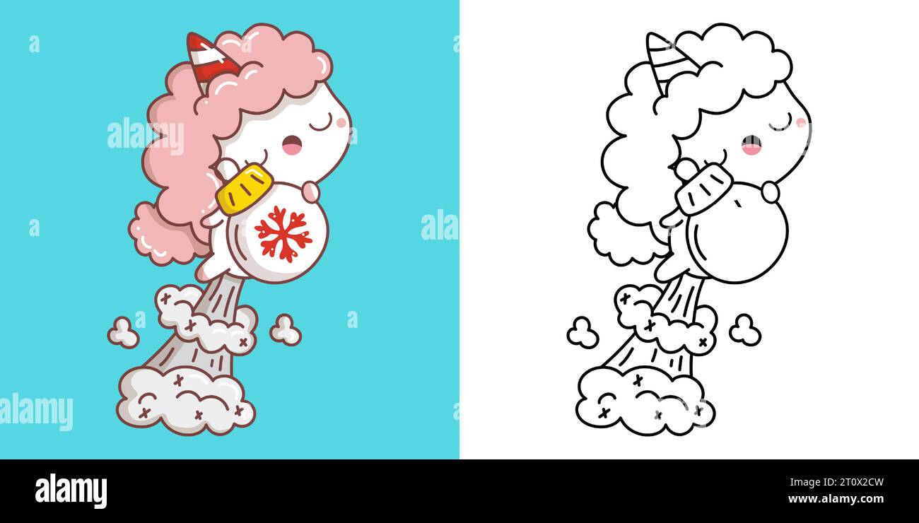 Kawaii New Year Unicorn Clipart Multicolored and Black and White ...