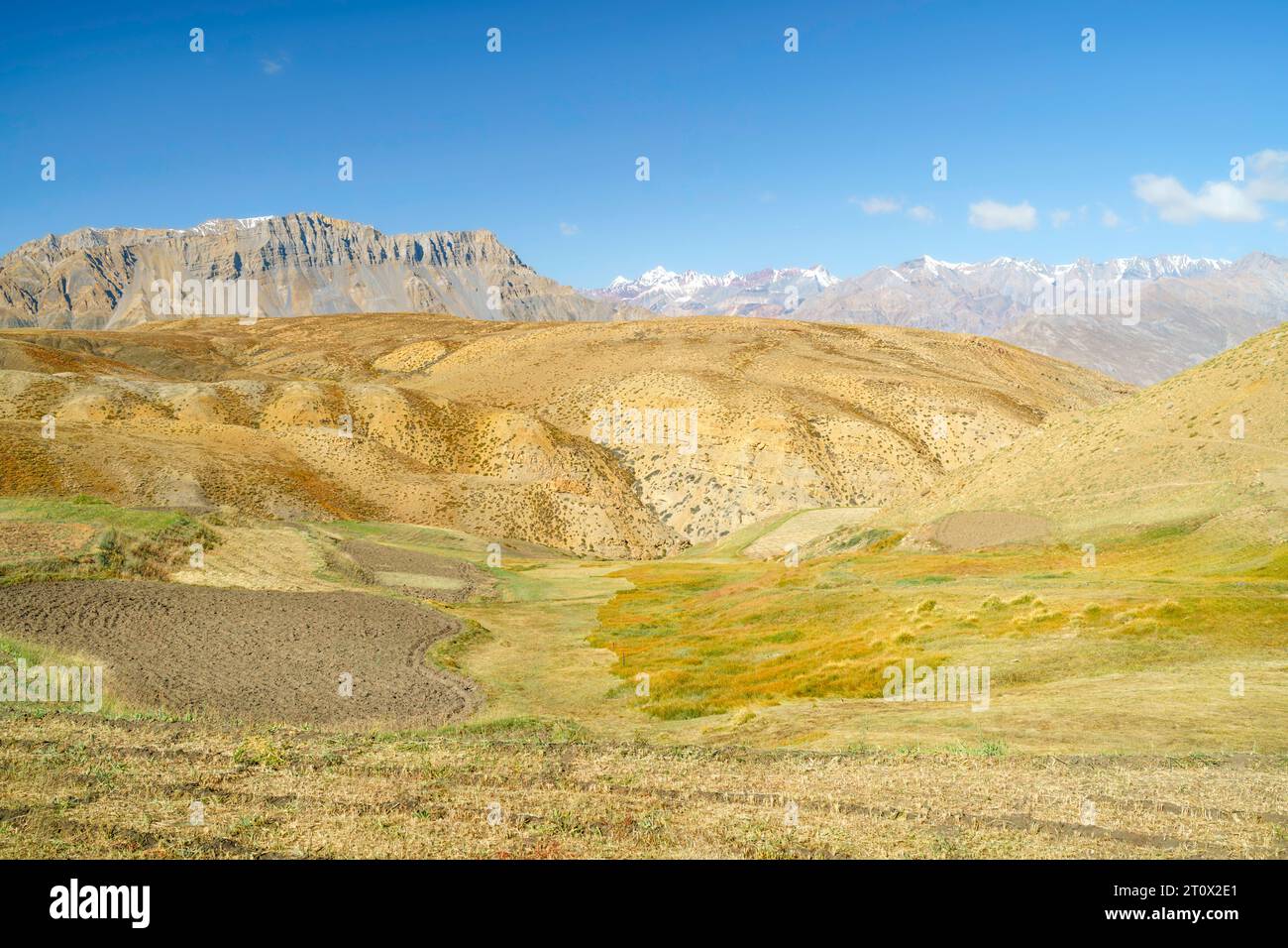 Ploughed fields ready for sowing, barren land, and high Himalayas against blue sky on fine