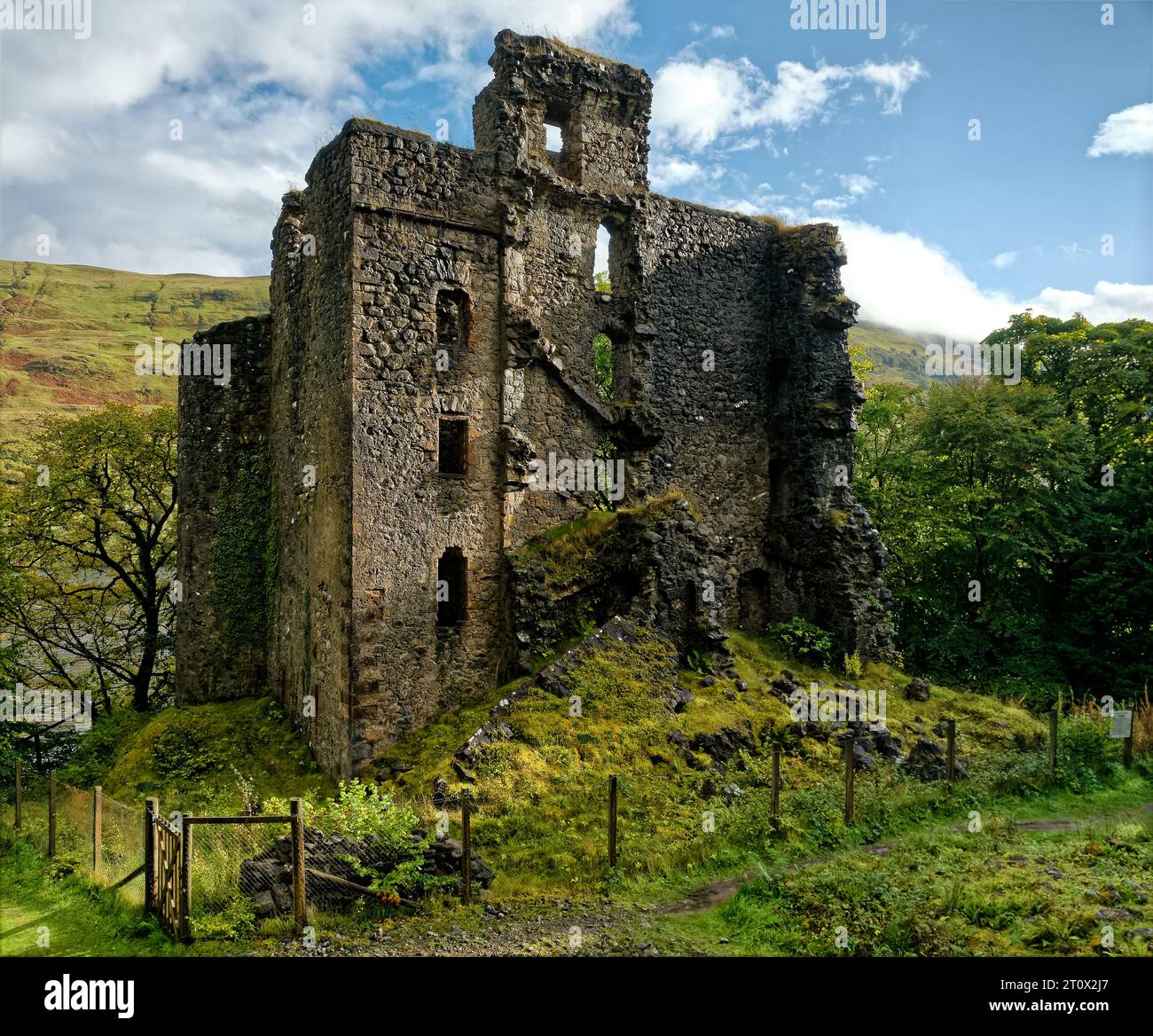 Drone view of the ruins of Invergarry Castle, Glengarry, Scotland. Stock Photo