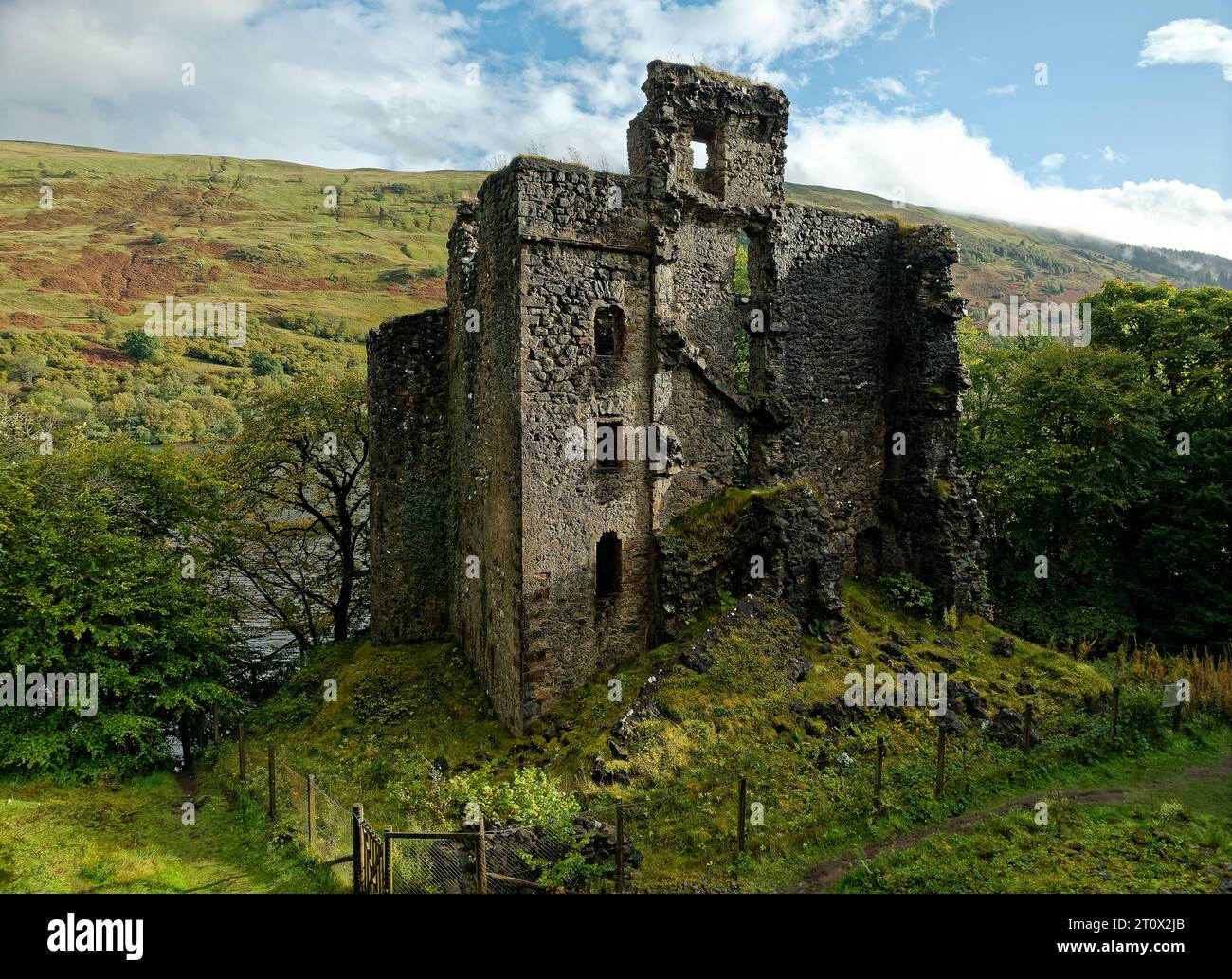 Drone view of the ruins of Invergarry Castle, Glengarry, Scotland. Stock Photo