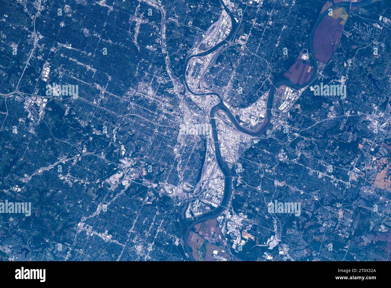 Kansas City, USA. Digital enhancement of a NASA image. Media usage guidelines: https://www.nasa.gov/nasa-brand-center/images-and-media/ Stock Photo