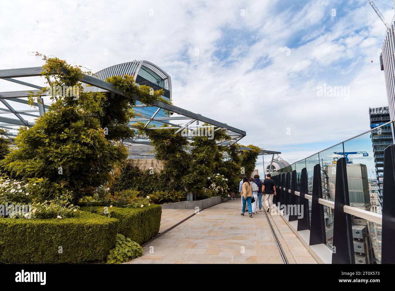 London, UK - August 25, 2023: View of the rooftop of Garden at 120 at 120 Fenchurh Street in the City of London. People enjoying the views of the skyl Stock Photo
