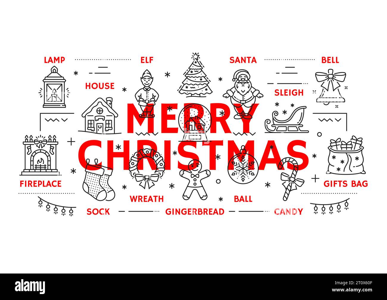 Christmas line infographics. New Year greeting card, winter season festive outline vector 