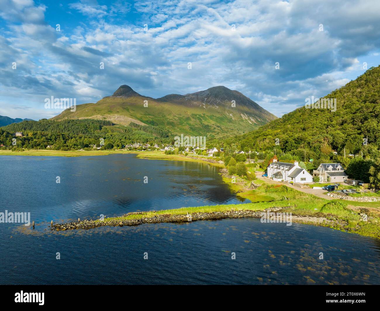 Aerial view of the freshwater loch Loch Leven with the former Pier