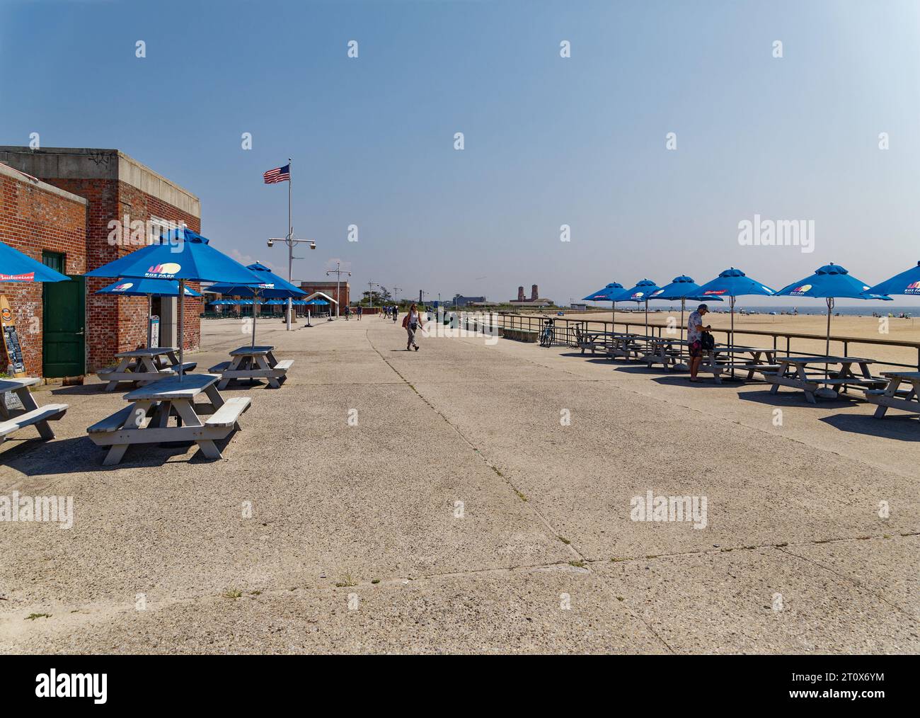 Riis Park Beach Bazaar concession stands and restrooms are at the Central Mall. Stock Photo