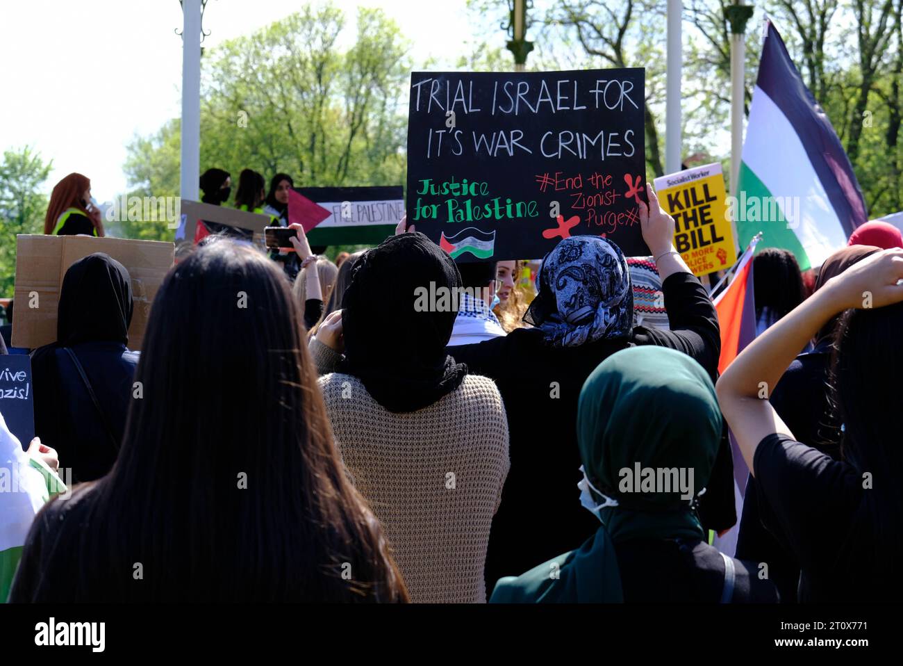Hanley Park, Stoke on Trent, UK. 29th May 2021. Protesters march in Stoke on Trent demanding Freedom for Palestine and the end of oppression. Stock Photo