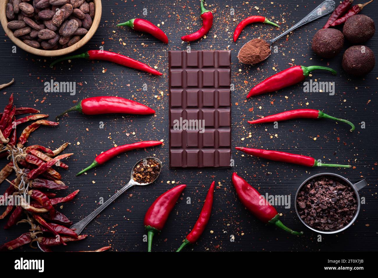 Dark chocolate bar, red hot chilli pepper cayenne, dry hot chili spices