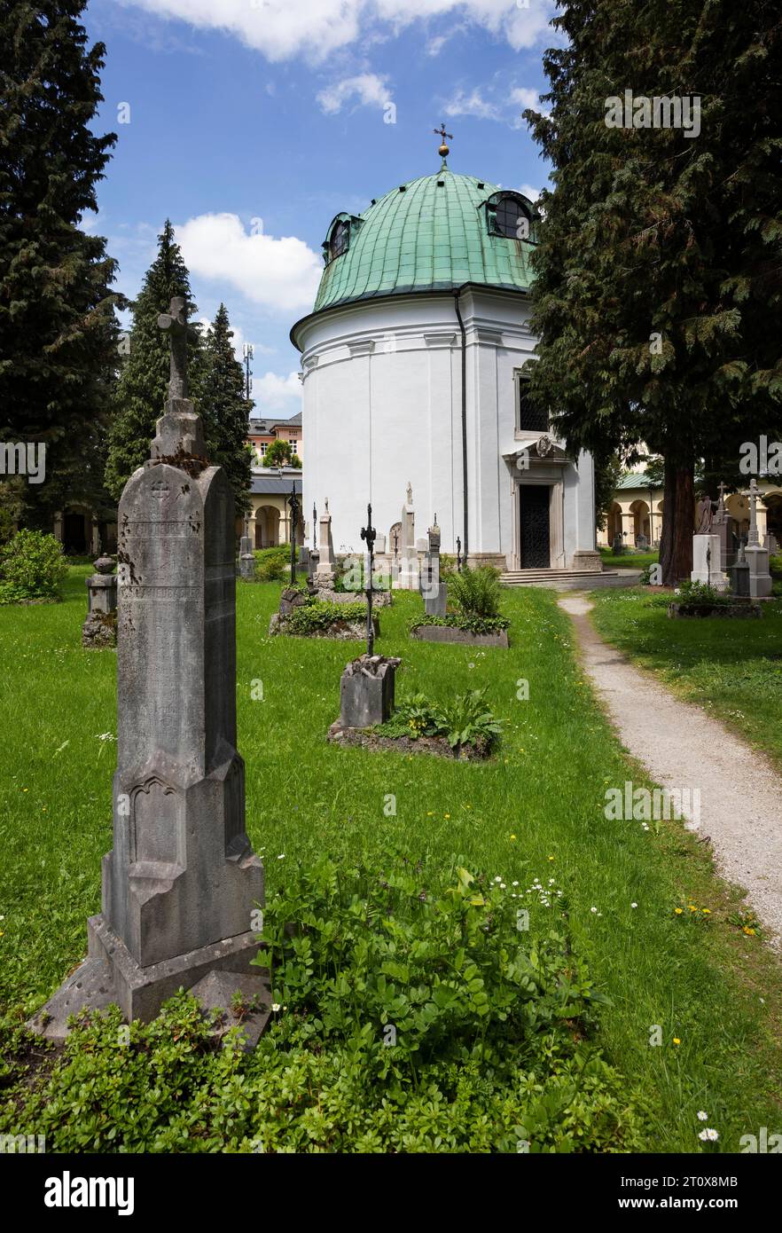 Burial Ground and Arcades with Gabriel Chapel, Mausoleum for Prince Archbishop Wolf Dietrich, Sebastian Cemetery, Church of Saint Sebastian Stock Photo