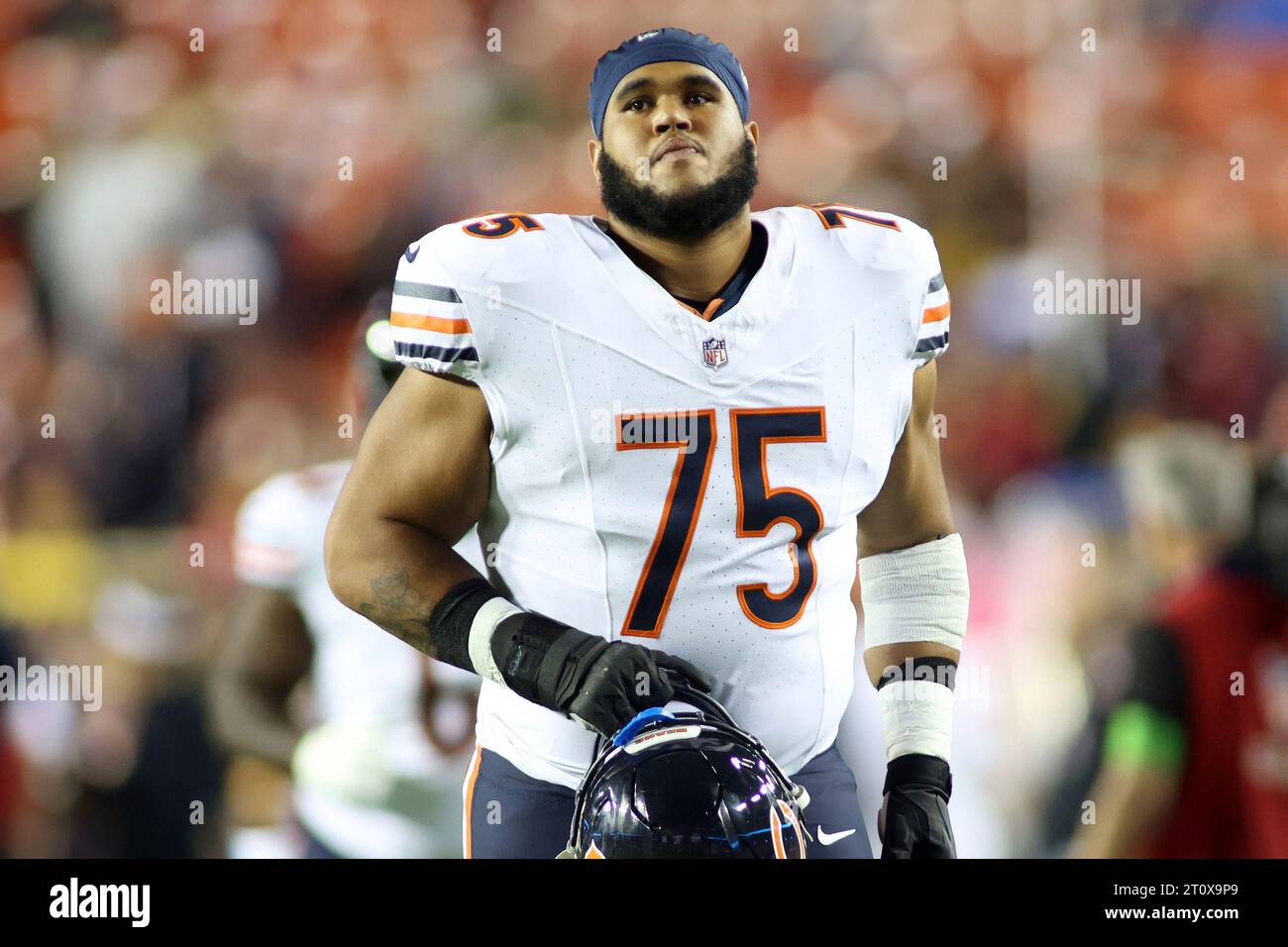 Chicago Bears offensive tackle Larry Borom (75) pictured before an NFL ...