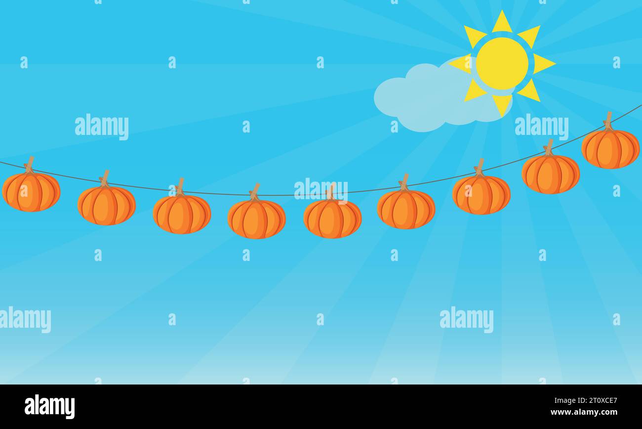 Pumpkins hanging on a rope on a sunny day with blue sky Stock Vector