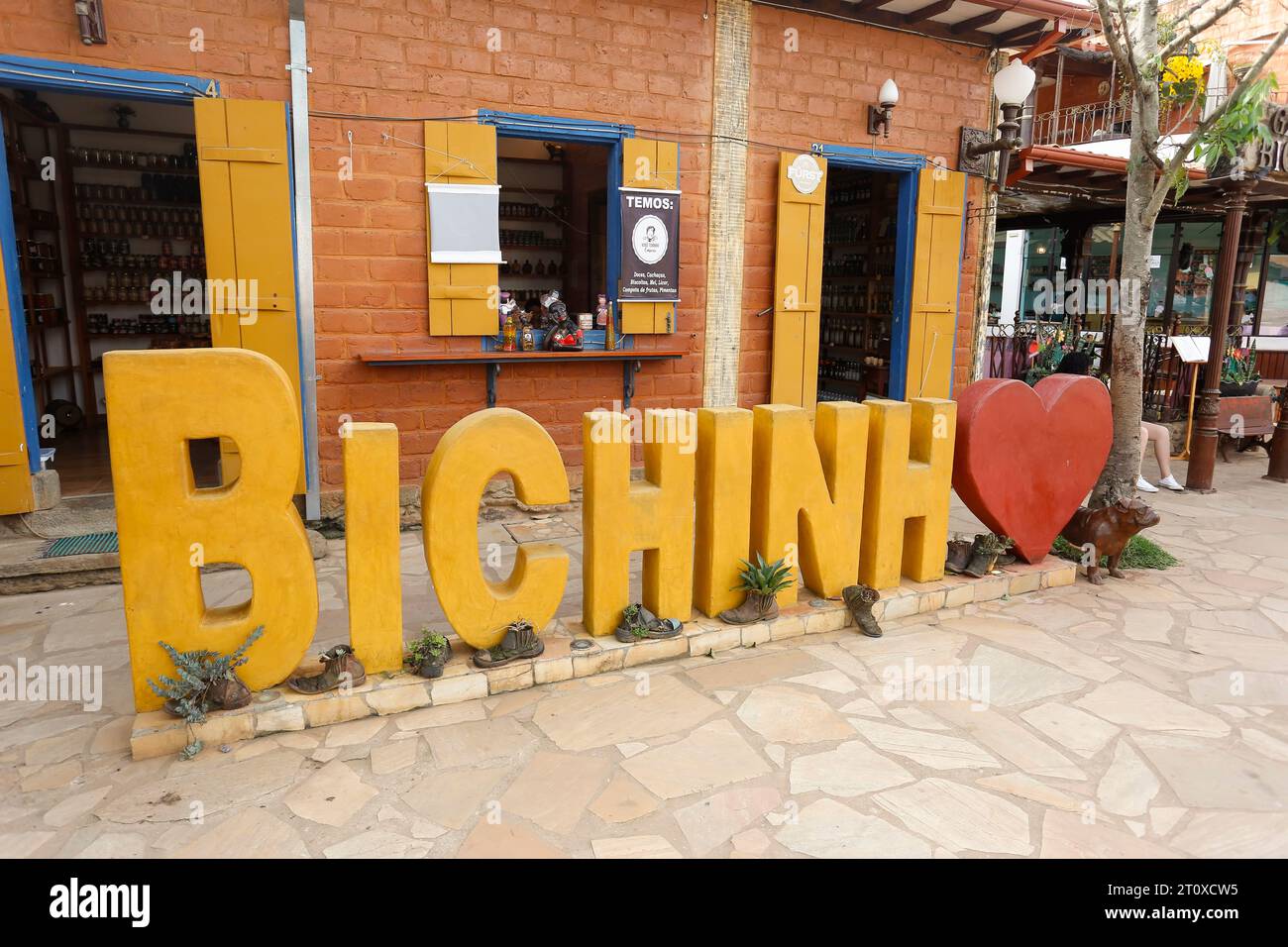 Prados, Minas Gerais, Brazil - October 08, 2023: signage tourism board with Bichinho inscription in large, colorful letters in a gallery in the distri Stock Photo