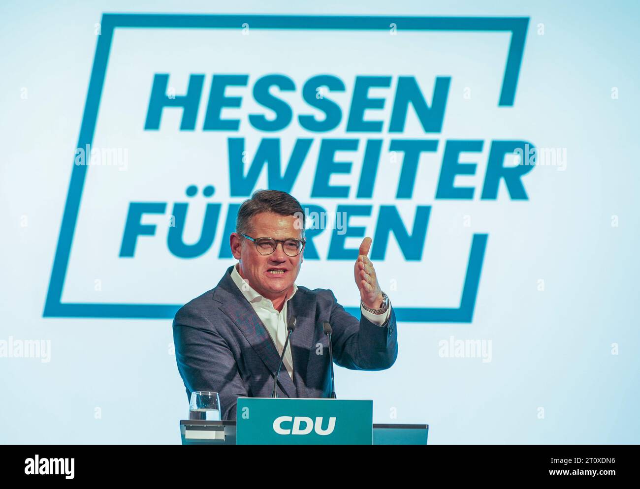 Hofheim, Germany. 09th Oct, 2023. Boris Rhein (CDU), Minister President of Hesse, speaks at the state convention. The state committee of the CDU-Hessen gives the Prime Minister of Hesse (CDU) a grandiose reception at its meeting in the Stadthalle. The CDU emerges as the clear winner of the state elections in Hesse. Credit: Andreas Arnold/dpa/Alamy Live News Stock Photo