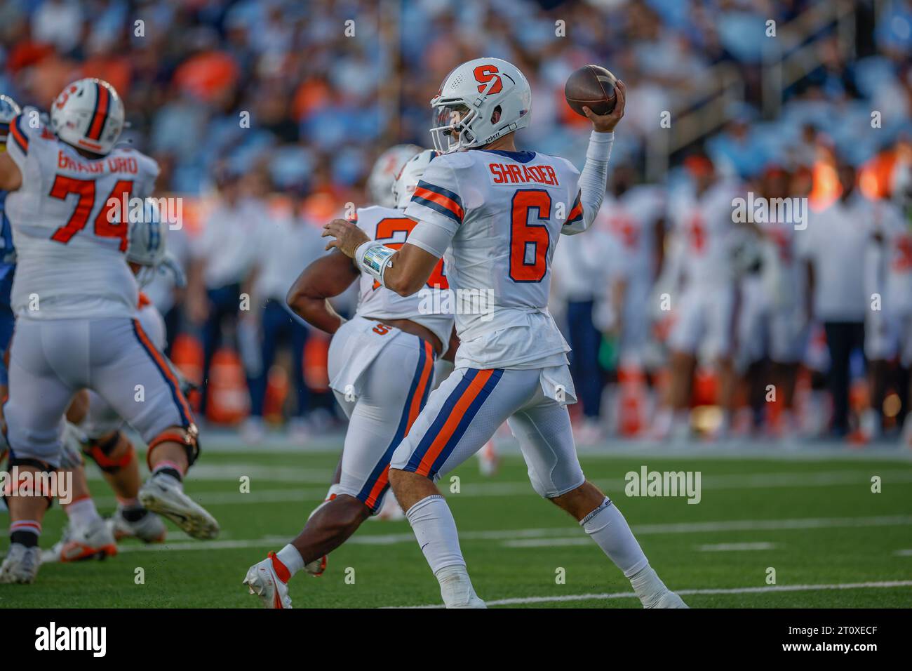 Chapel Hill, NC USA: Syracuse Orange quarterback Garrett Shrader (6) drops back to pass during an NCAA game against the North Carolina Tar Heels at Ke Stock Photo