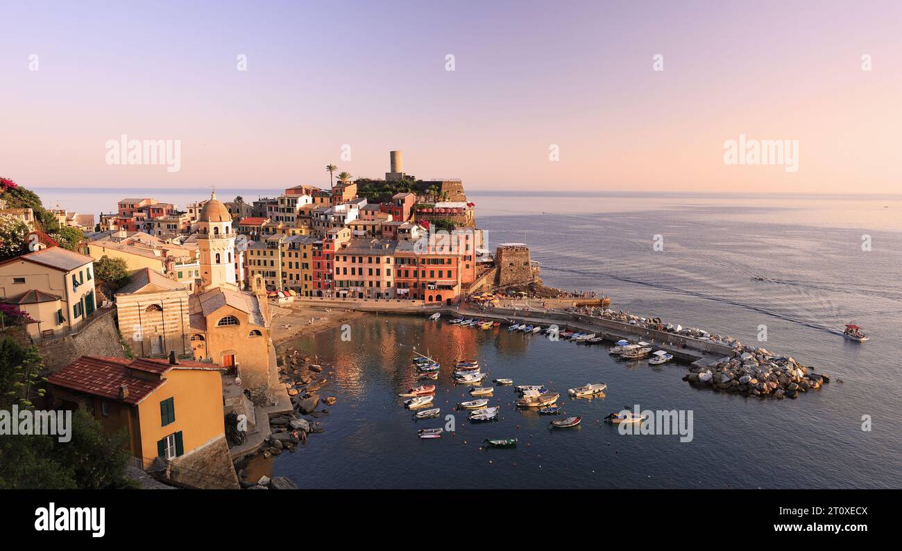 Aerial view of Vernazza vilagge on Mediterranean coast at sunset, Cinque Terre, Italy Stock Photo