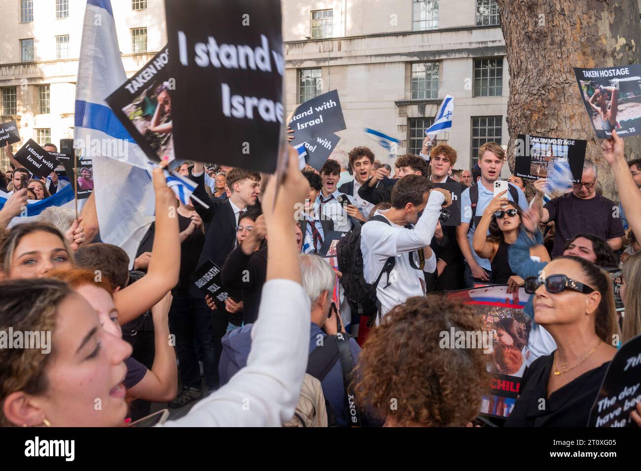 Whitehall, London. 9th October 2023. Israel Vigil. Hundreds of people gather in support of Israel after the barbaric attack by Hamas, on Saturday 7th October 2023 during a Jewish festival and Shabbat. Over 100 people were taken hostage and 260 young people where killed at a music festival in the desert near to the Gaza border with Israel. Credit: Rena Pearl/Alamy Live News Stock Photo