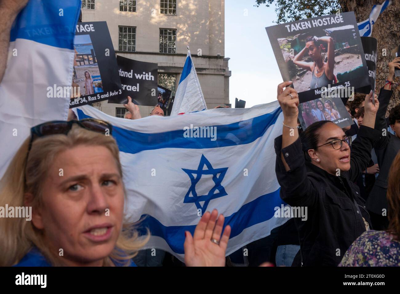 Whitehall, London. 9th October 2023. Israel Vigil. Hundreds of people gather in support of Israel after the barbaric attack by Hamas, on Saturday 7th October 2023 during a Jewish festival and Shabbat. Over 100 people were taken hostage and 260 young people where killed at a music festival in the desert near to the Gaza border with Israel. Credit: Rena Pearl/Alamy Live News Stock Photo