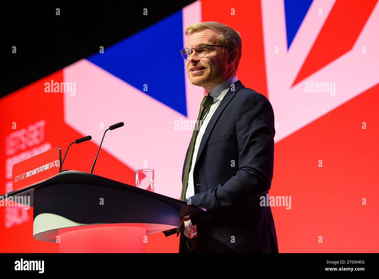 London, UK. 9 October 2023. Michael Shanks MP speaks during the Labour Party Conference in Liverpool. Photo credit should read: Matt Crossick/Empics/Alamy Live News Stock Photo