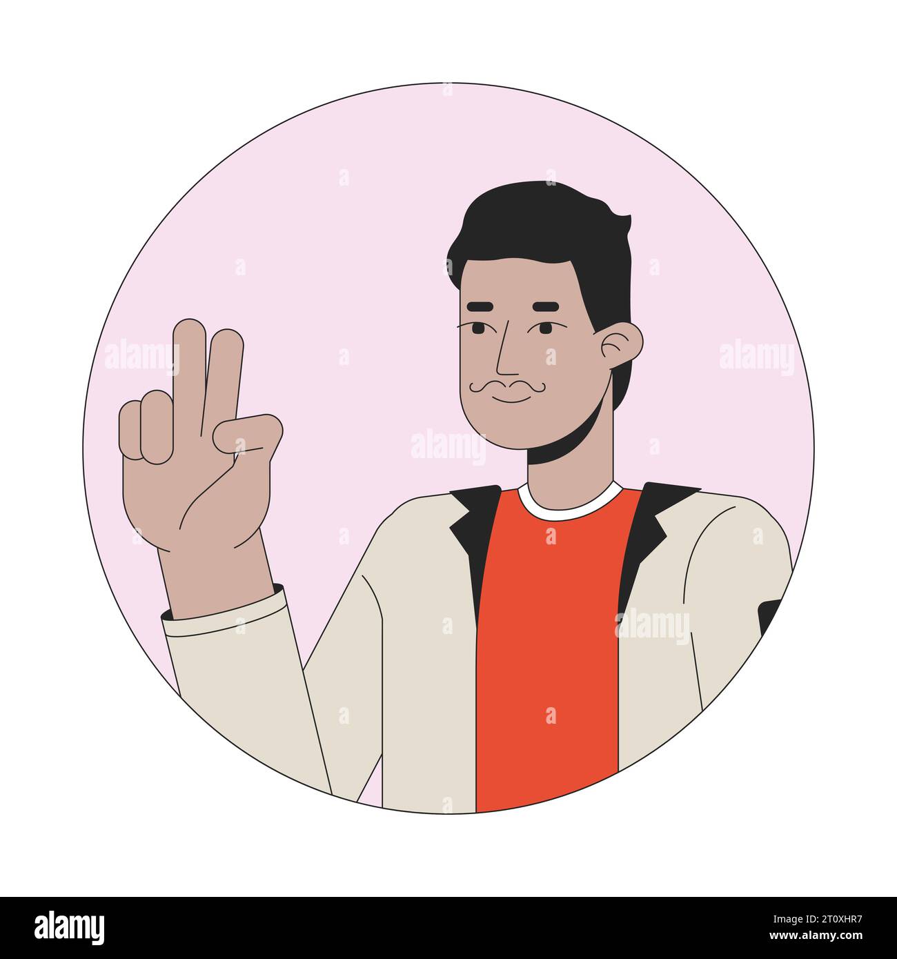Indian mustache man peace sign hand 2D line vector avatar illustration