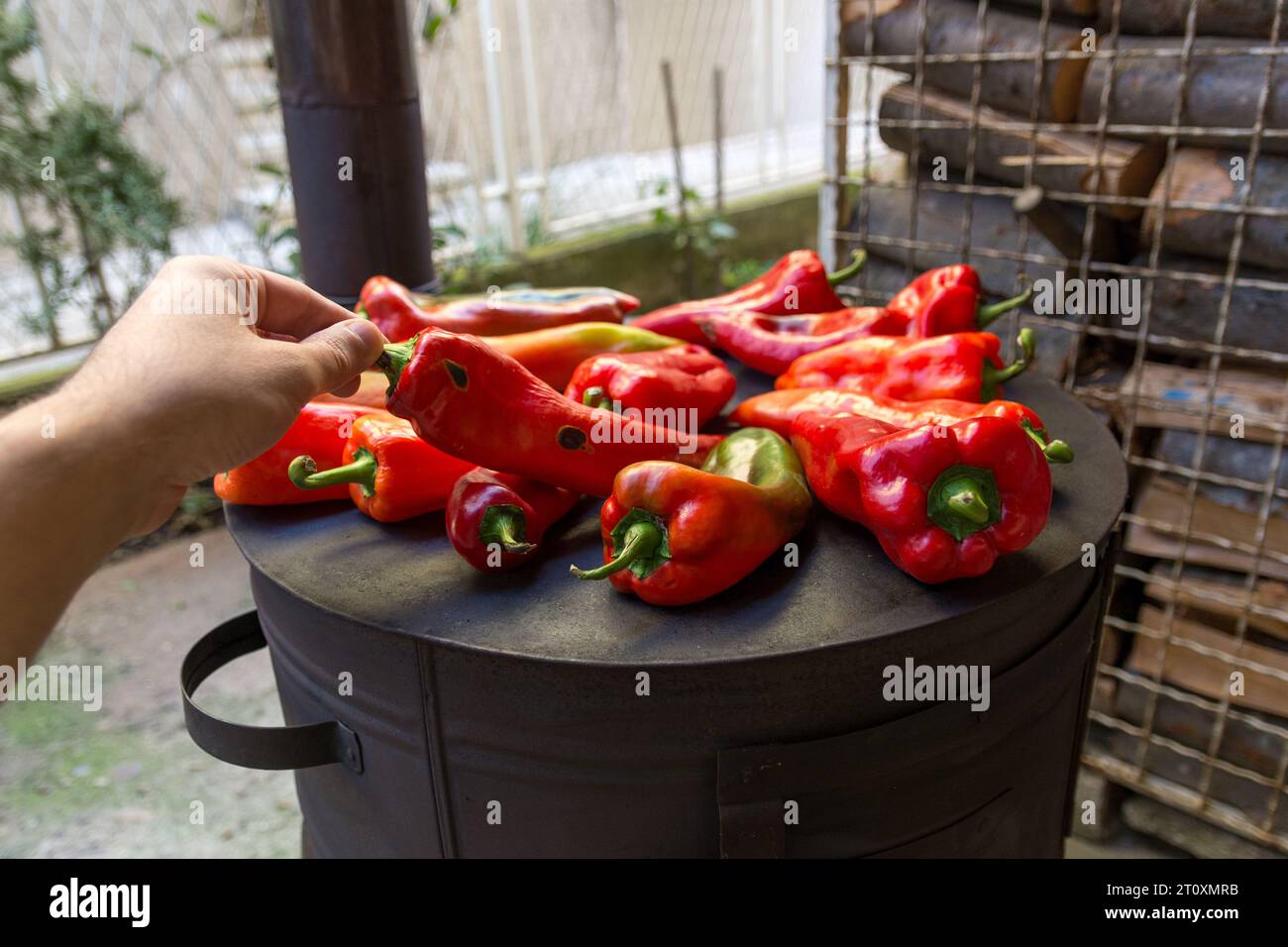 Baking red peppers on an old wood fired stove outdoors in the yard on an autumn day. A hand turns the peppers. Concept of preparing ajvar Stock Photo