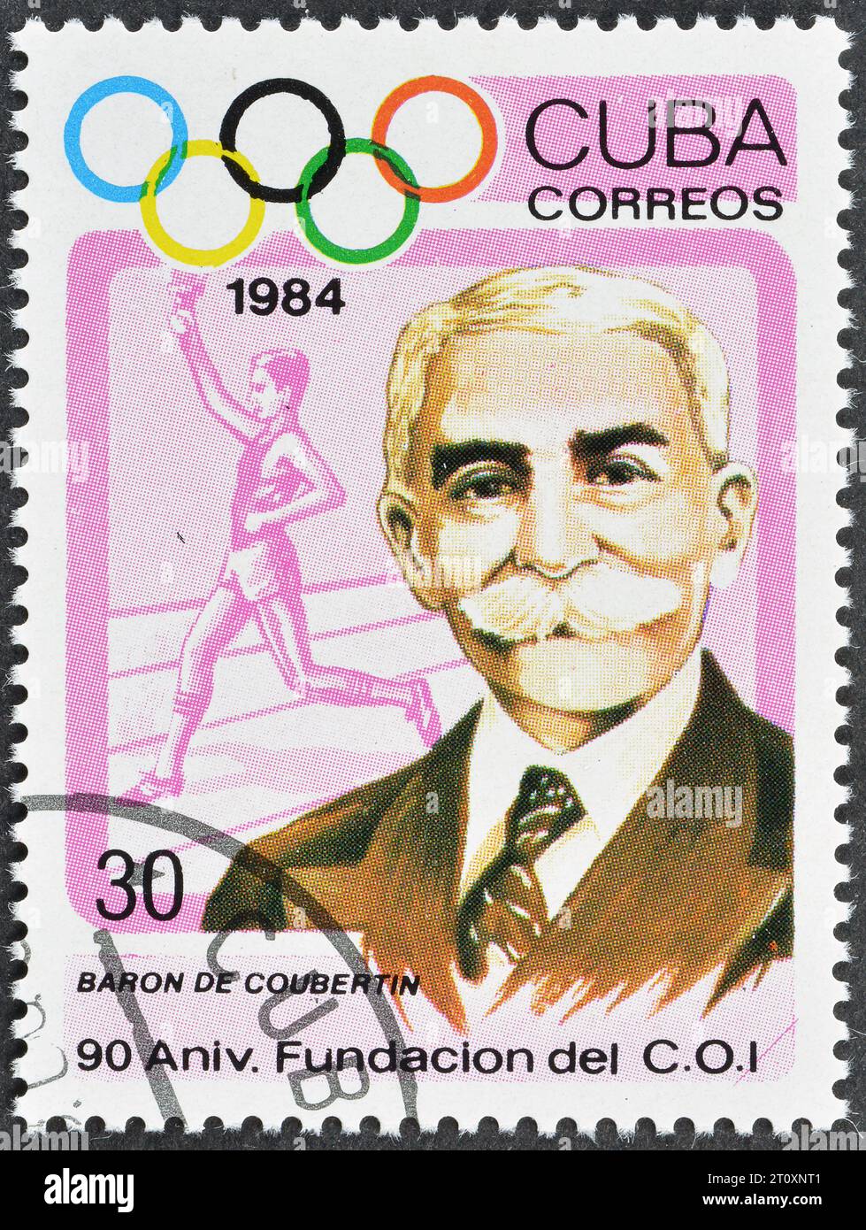 Cancelled postage stamp printed by Cuba, that celebrates 90th Anniversary of IOC. Pierre de Coubertin (1863-1937), circa 1984. Stock Photo