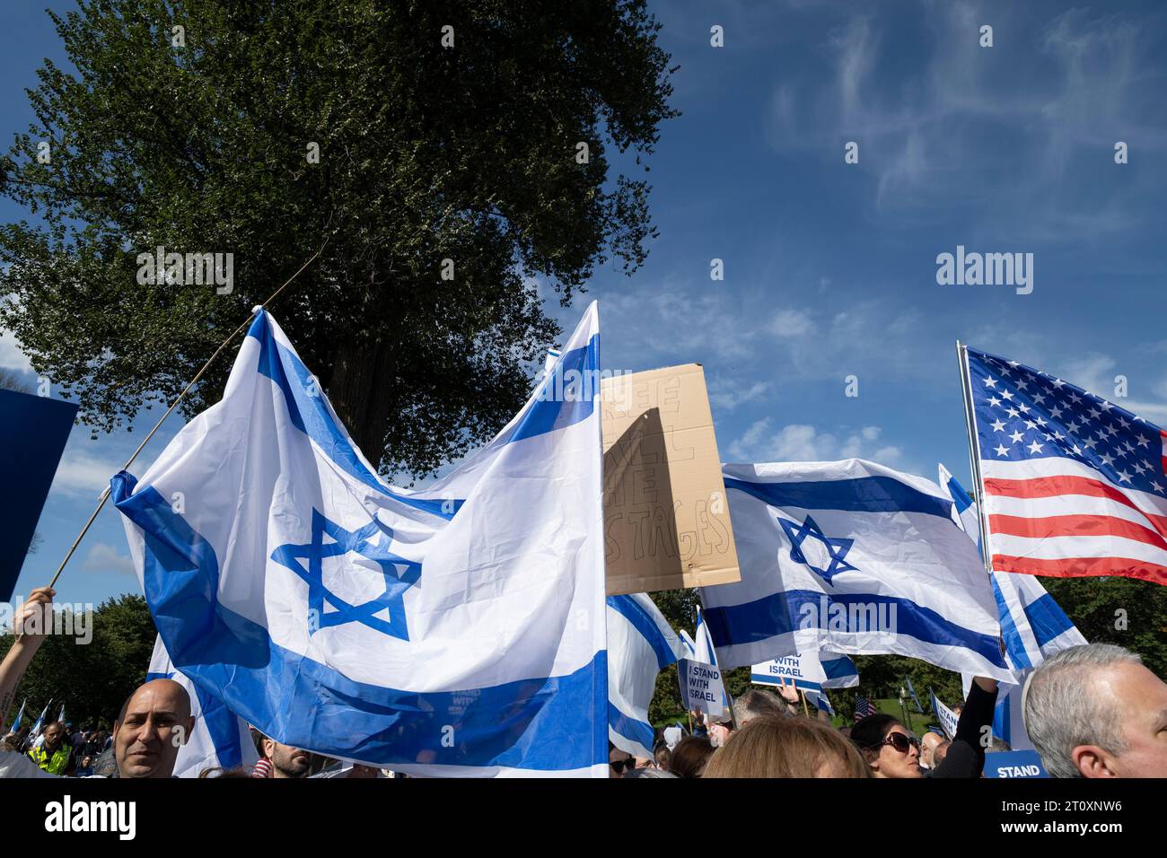 Boston, Massachusetts, USA  October 9, 2023 People rallying in support of Israel on the Boston Common after the Hamas attack on Israel.  The rally sponsored by Combined Jewish Philanthropies . The crowd of about 1000 was addressed by religious leaders and politicians including Senator Elizabeth Warren and Senator Ed Markey and Massachusetts Governor Maura Healey. Credit: Rick Friedman/Alamy Live News Stock Photo