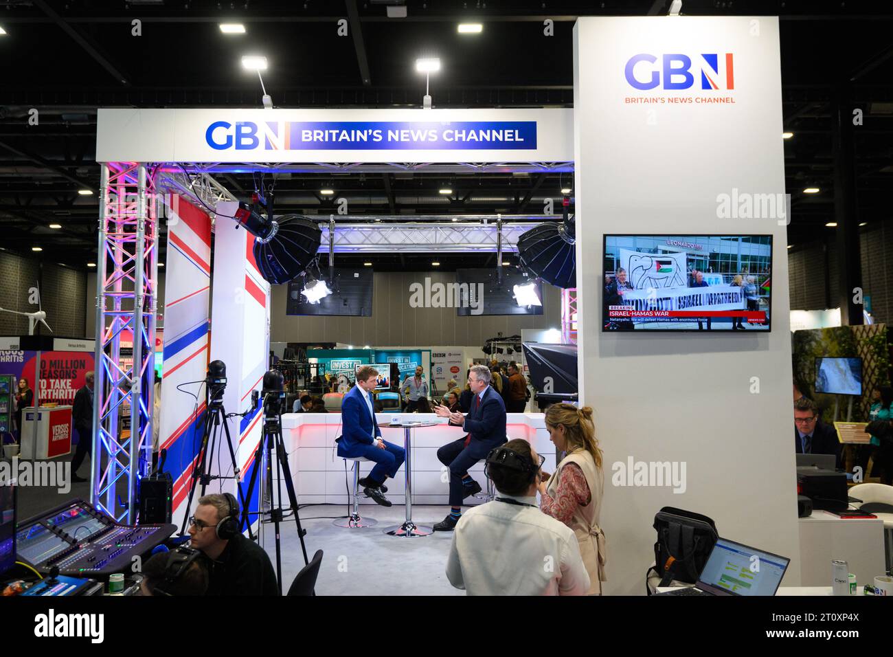 London, UK. 9 October 2023. GB News broadcast during the Labour Party Conference in Liverpool. Photo credit should read: Matt Crossick/Empics/Alamy Live News Stock Photo